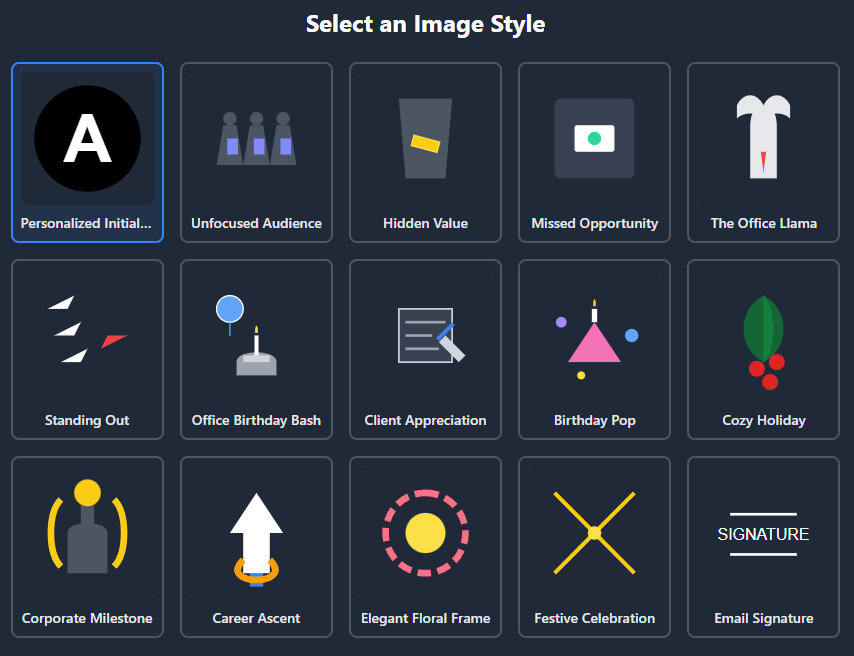 Screenshot of the AI Greetings application showing a grid of generated cards