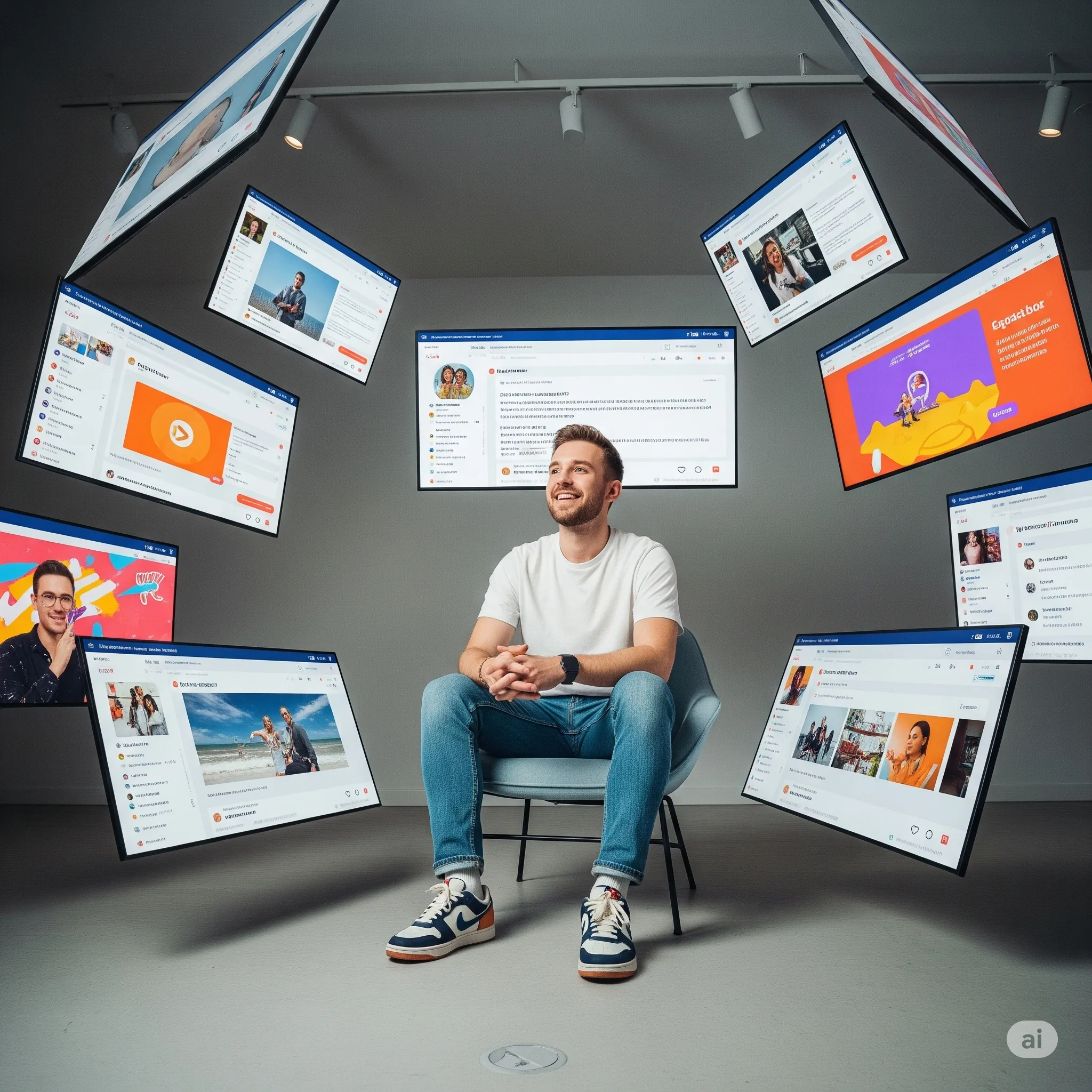 A creator looking relaxed and inspired, surrounded by digital screens displaying various social media posts and videos. The style is bright and optimistic, emphasizing ease and flow.