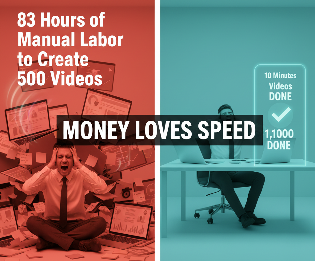 Infographic comparing 83 hours of manual work to 10 minutes of AI time